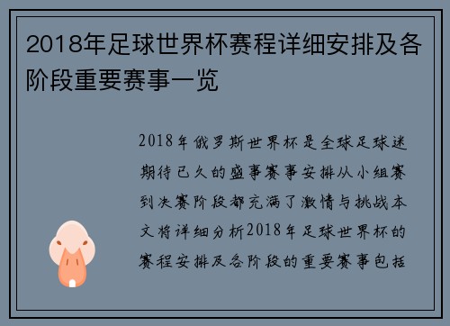 2018年足球世界杯赛程详细安排及各阶段重要赛事一览