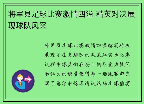 将军县足球比赛激情四溢 精英对决展现球队风采