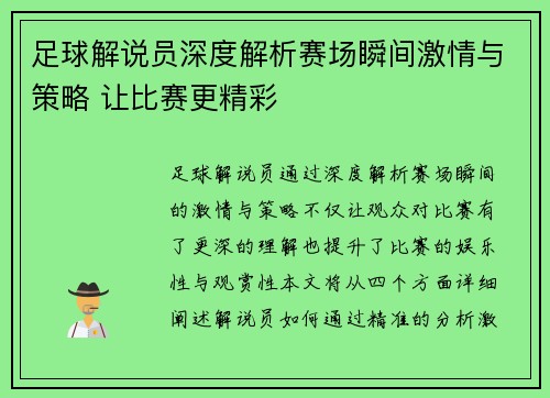 足球解说员深度解析赛场瞬间激情与策略 让比赛更精彩