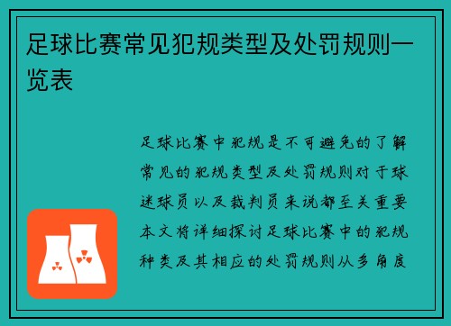 足球比赛常见犯规类型及处罚规则一览表