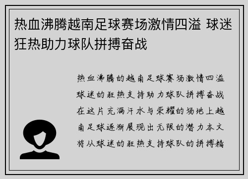 热血沸腾越南足球赛场激情四溢 球迷狂热助力球队拼搏奋战