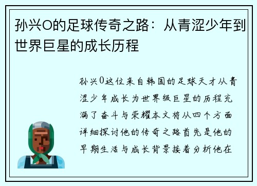 孙兴O的足球传奇之路：从青涩少年到世界巨星的成长历程
