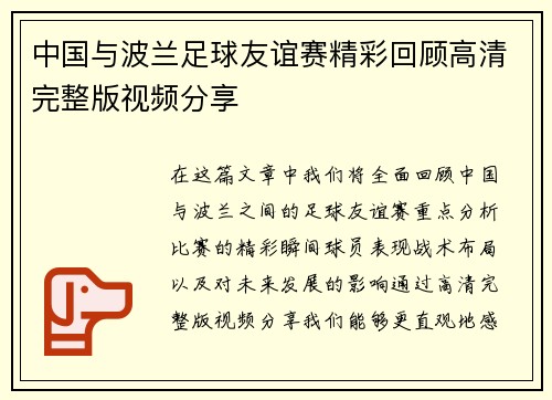 中国与波兰足球友谊赛精彩回顾高清完整版视频分享