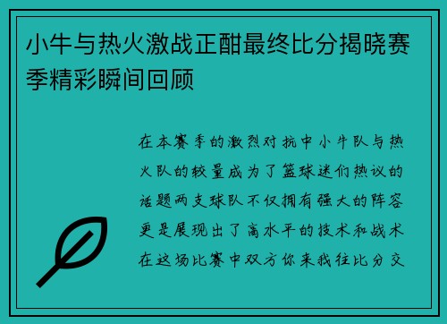 小牛与热火激战正酣最终比分揭晓赛季精彩瞬间回顾